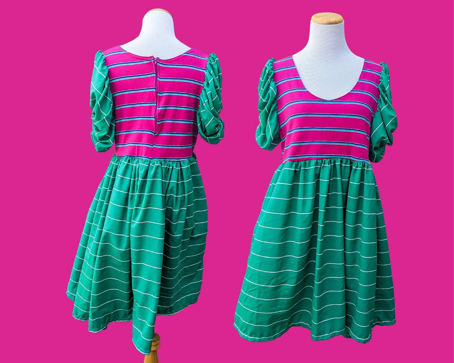 Fait à la main, tissu rayé extensible rose recyclé et robe en tissu doublé vert et blanc soyeux, manches courtes bouffantes taille SM