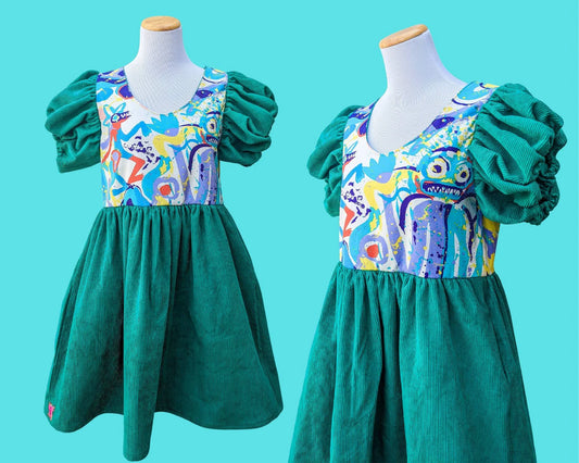Handmade, Upcycled Emerald Green Corduroy Fabric and Official Quicksilver Colourful Fabric Dress, Short Puffy Sleeves Size S-M