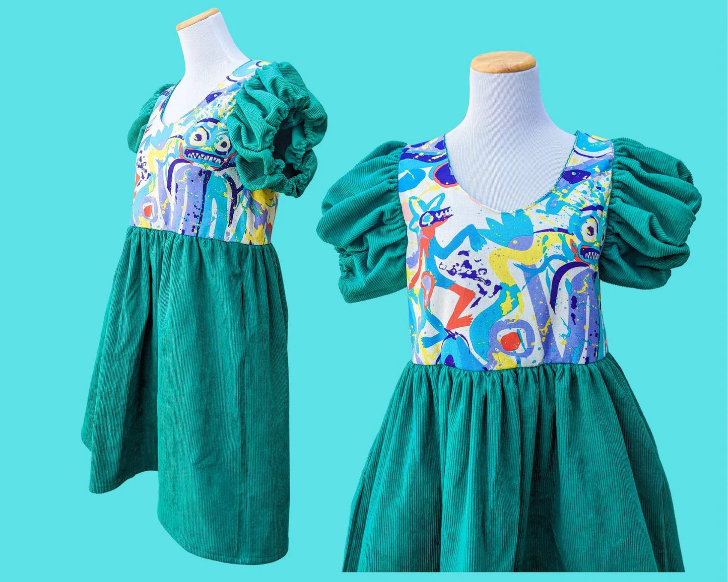 Handmade, Upcycled Emerald Green Corduroy Fabric and Official Quicksilver Colourful Fabric Dress, Short Puffy Sleeves Size S-M