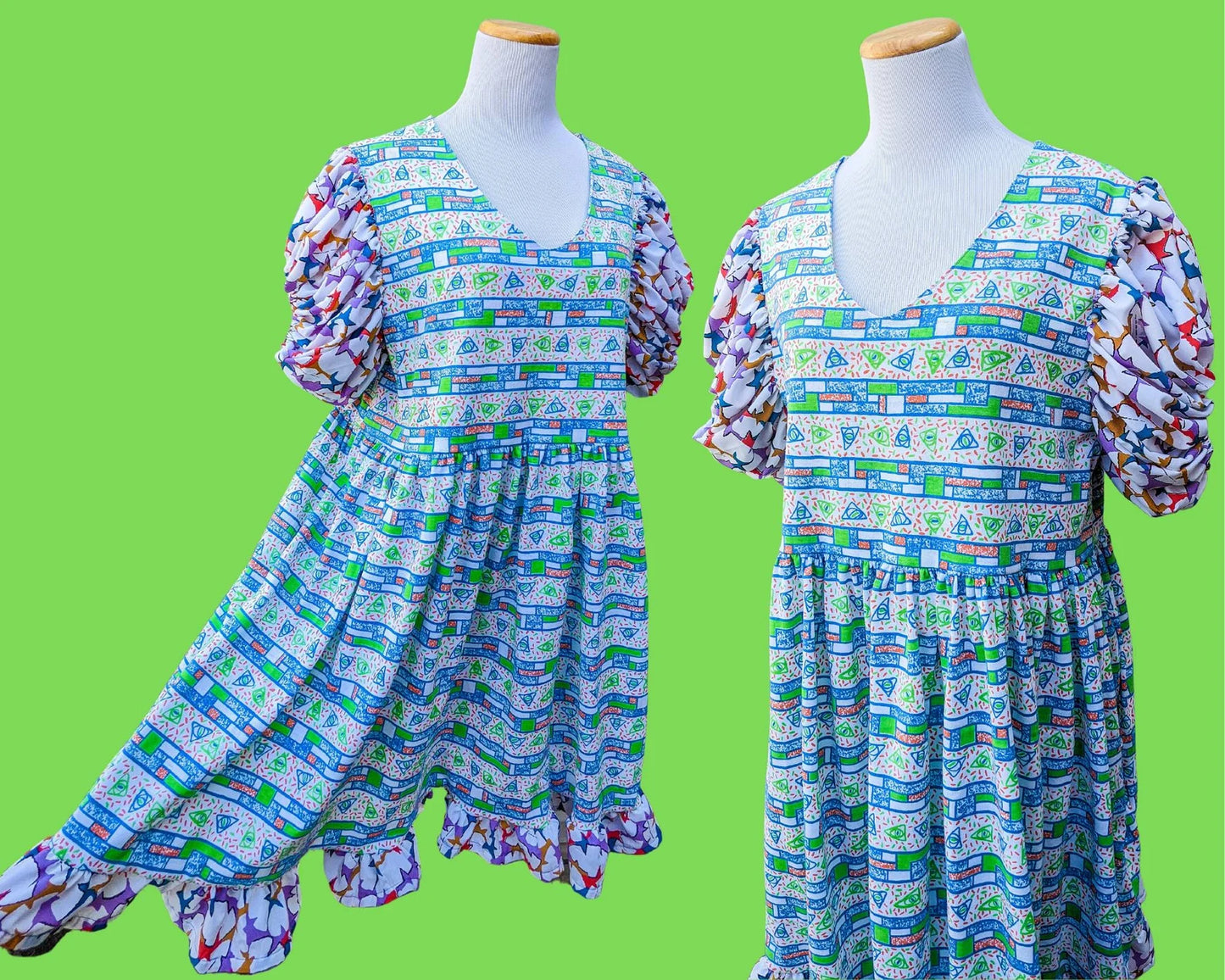 Handmade, Upcycled Retro, Colourful, Fresh Prince of Bel Air Inspired Dress, Short Puffy Sleeves Size L-XL