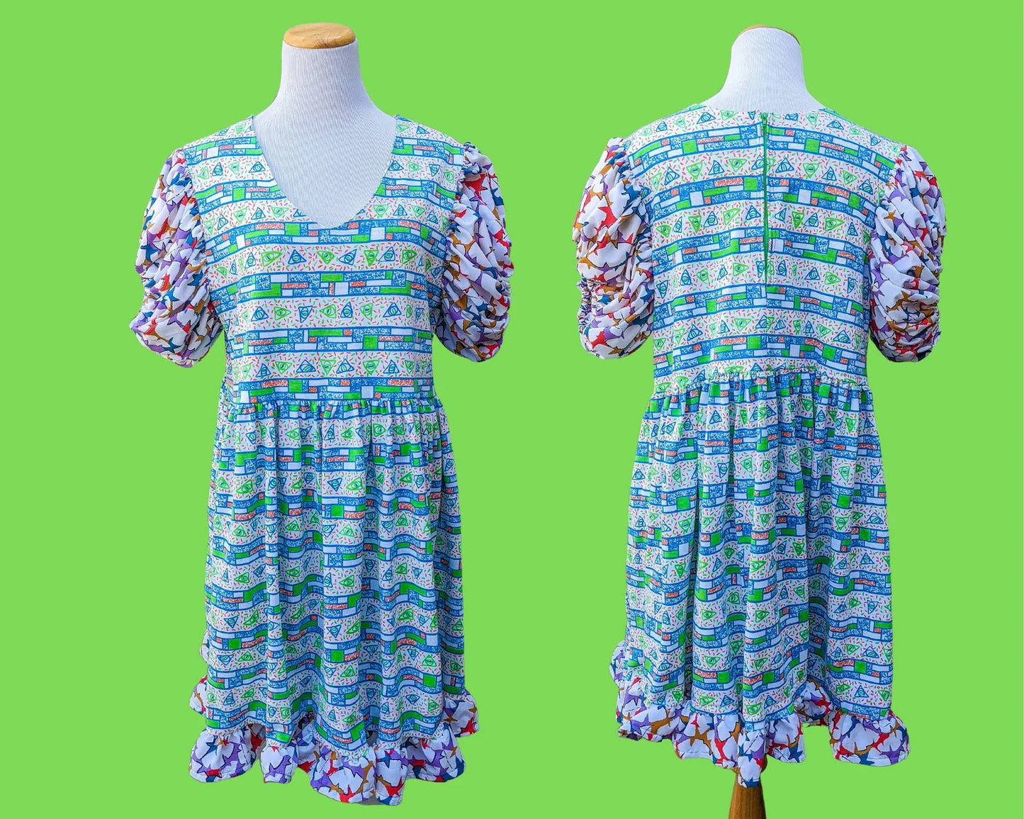 Handmade, Upcycled Retro, Colourful, Fresh Prince of Bel Air Inspired Dress, Short Puffy Sleeves Size L-XL