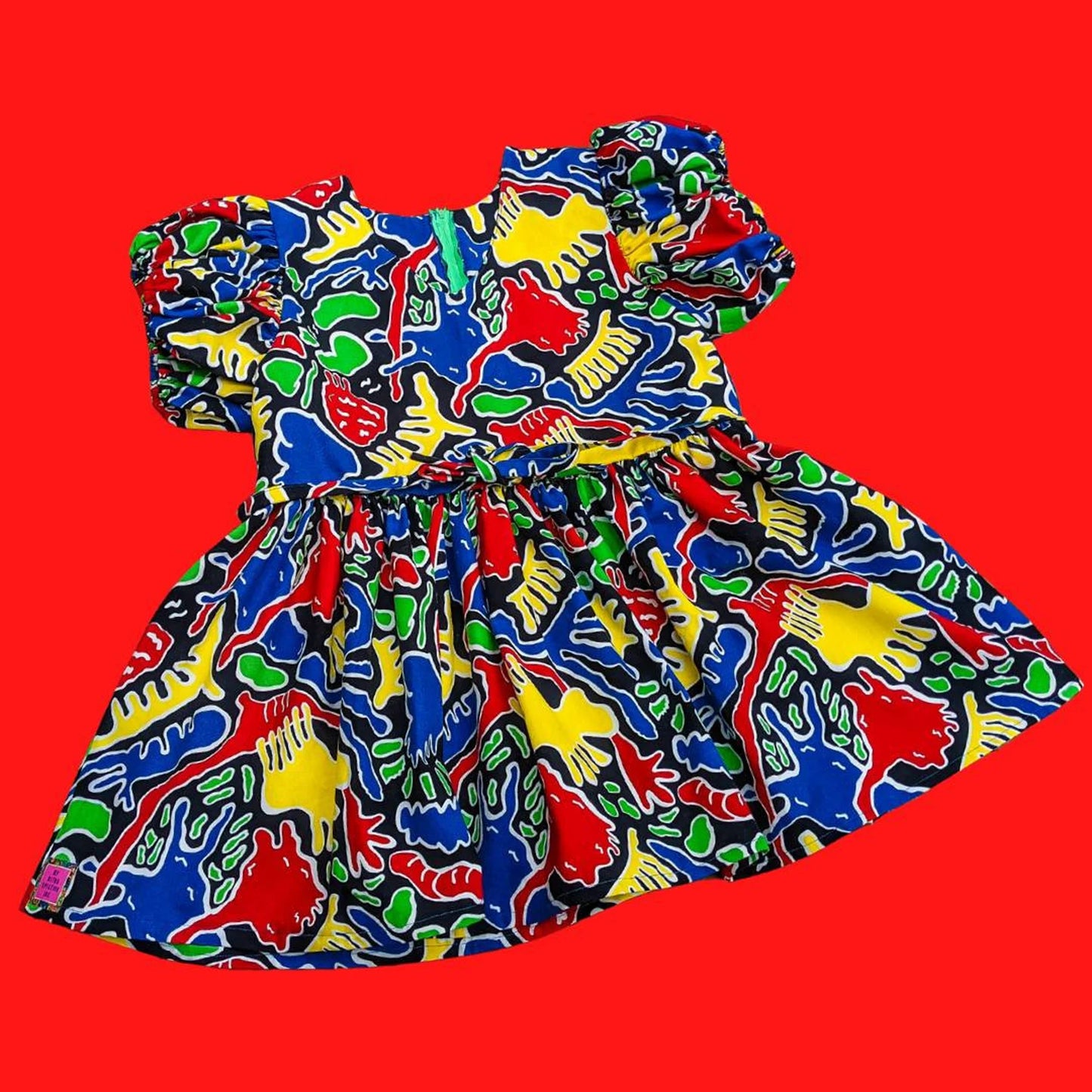 Handmade, Upcycled Black and Rainbow Colours, Retro Mini Dress, Short Puffy Sleeves Size L-XL