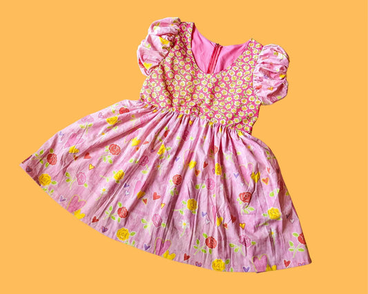 Handmade, Upcycled Vintage Daisies Patterned Fabric and Retro Pink Floral and Heart Shapes Fabric, Short Puffy Sleeves Dress Size S-M