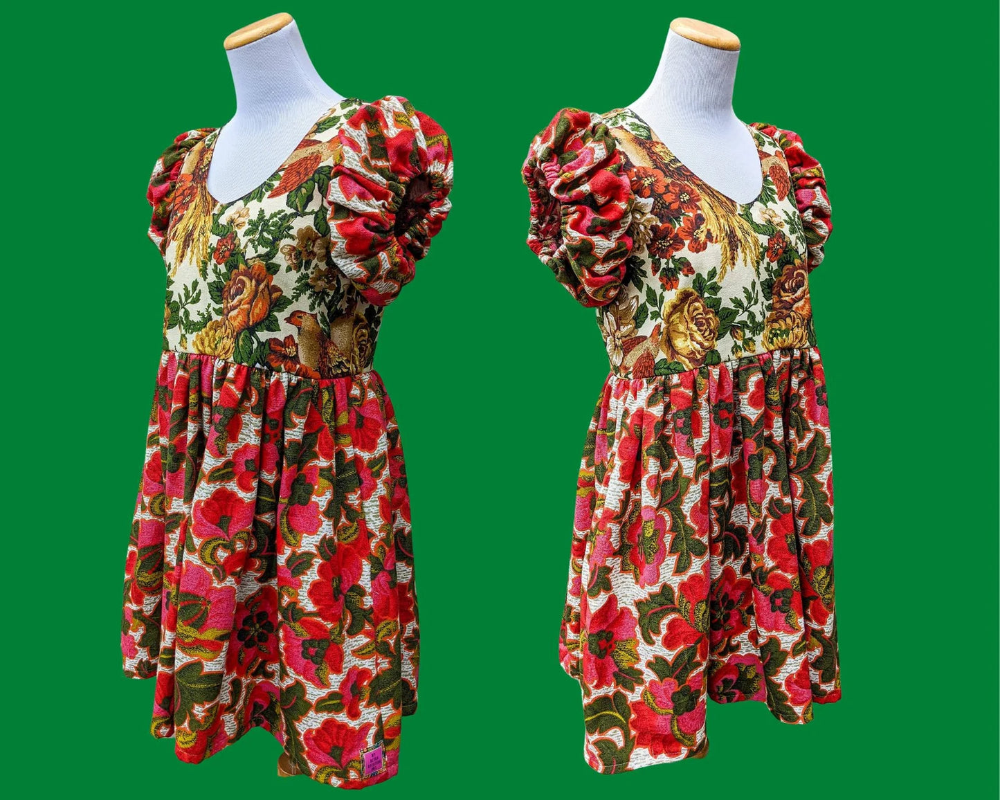 Handmade, Upcycled Vintage 1950's Fabric, Birds and Flowers for the Bodice, Short Puffy Sleeves Dress Size S-M
