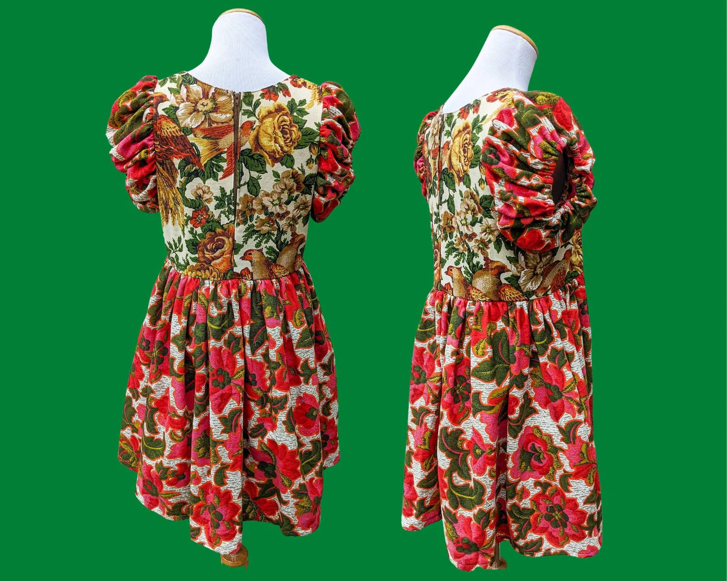 Handmade, Upcycled Vintage 1950's Fabric, Birds and Flowers for the Bodice, Short Puffy Sleeves Dress Size S-M