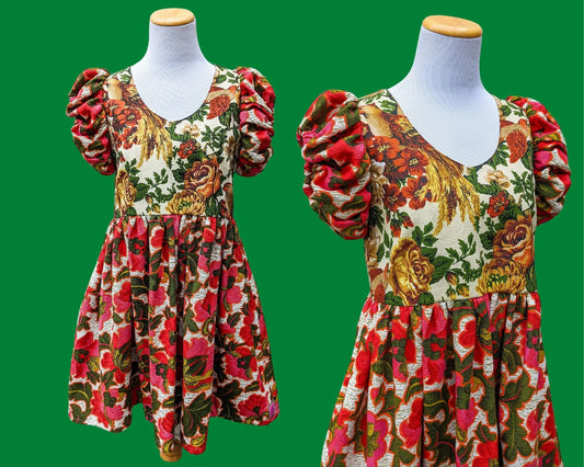 Handmade, Upcycled Vintage 1950's Fabric, Birds and Flowers for the Bodice, Short Puffy Sleeves Dress Size S-M
