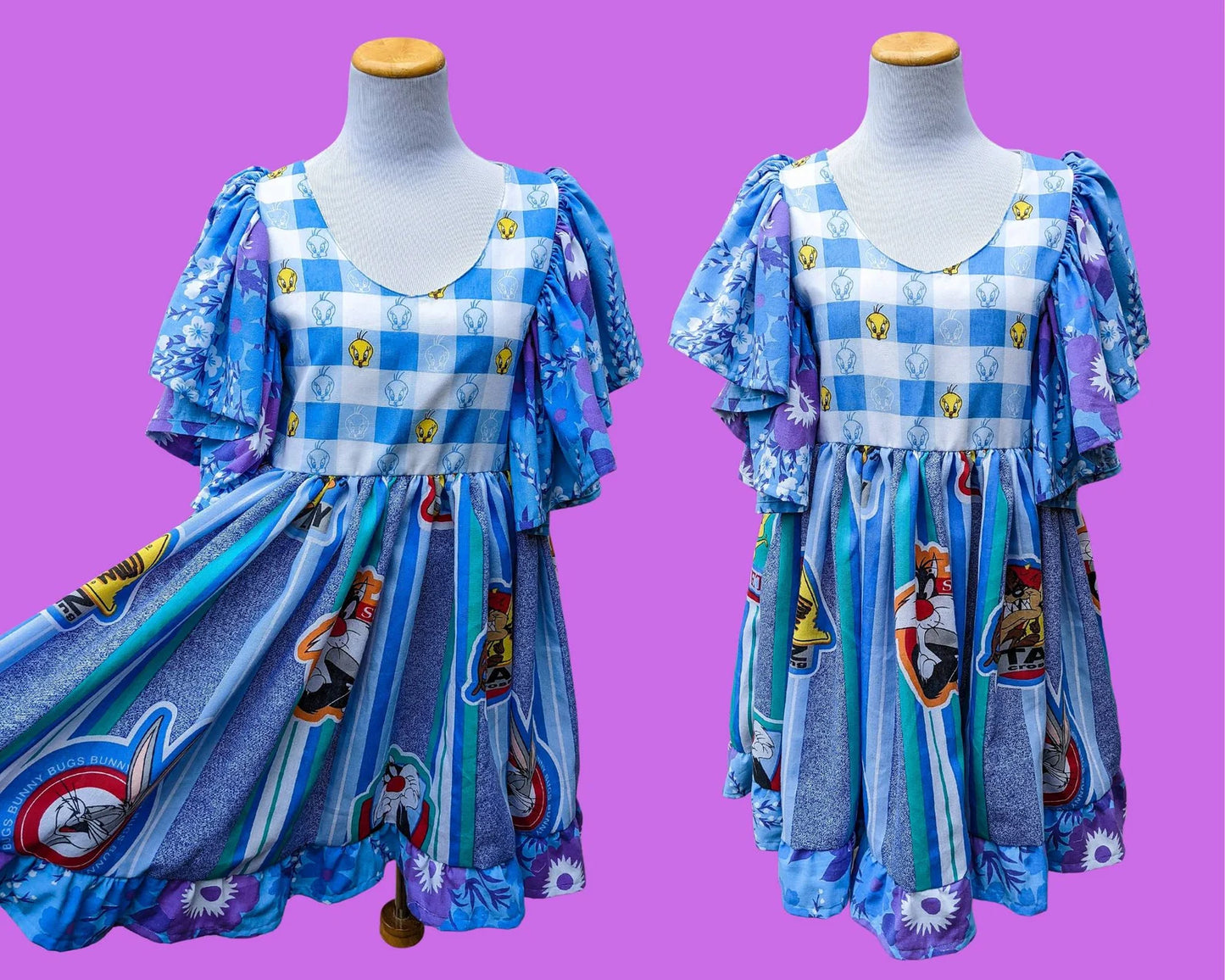 Handmade, Upcycled Vintage 1990's Looney Tunes and Tweety Bird Bedsheets Dress, Short Bell Sleeves, Floral Pattern Size S-M