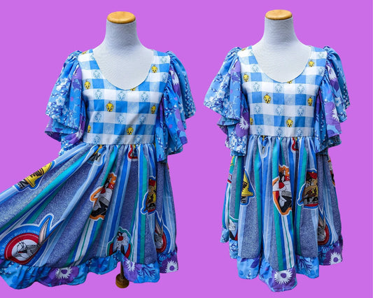 Handmade, Upcycled Vintage 1990's Looney Tunes and Tweety Bird Bedsheets Dress, Short Bell Sleeves, Floral Pattern Size S-M