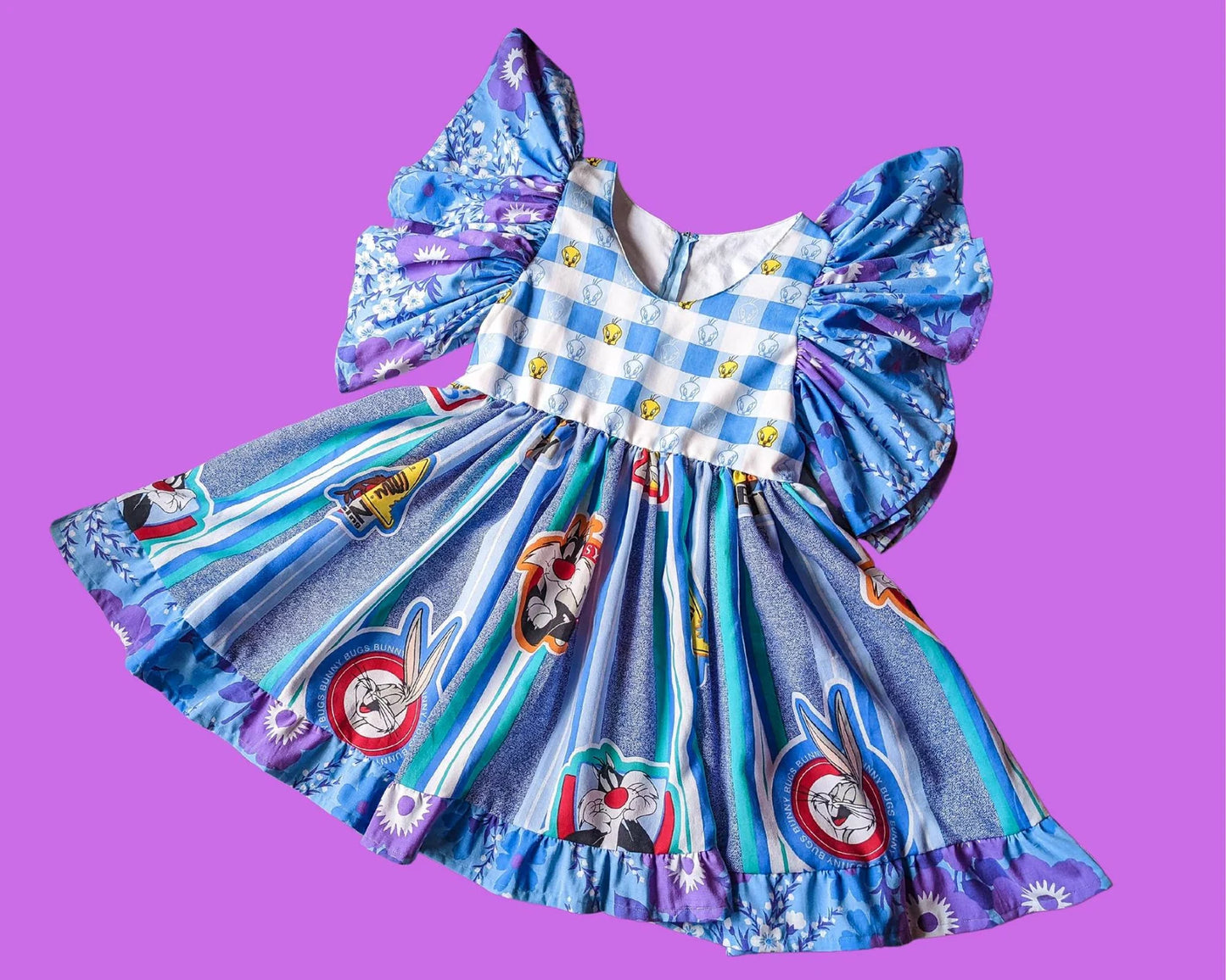 Handmade, Upcycled Vintage 1990's Looney Tunes and Tweety Bird Bedsheets Dress, Short Bell Sleeves, Floral Pattern Size S-M