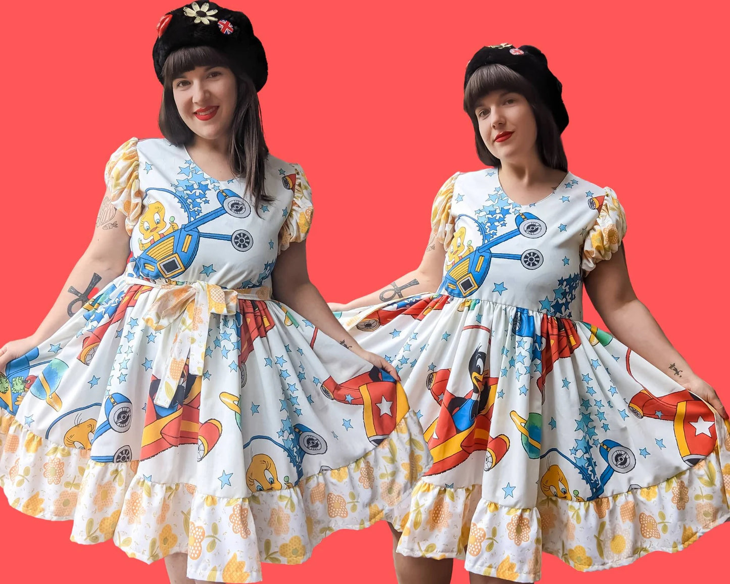 Handmade, Upcycled Vintage Looney Tunes Bedsheets Dress, Short Puffy Sleeves, Floral Pattern Size L-XL