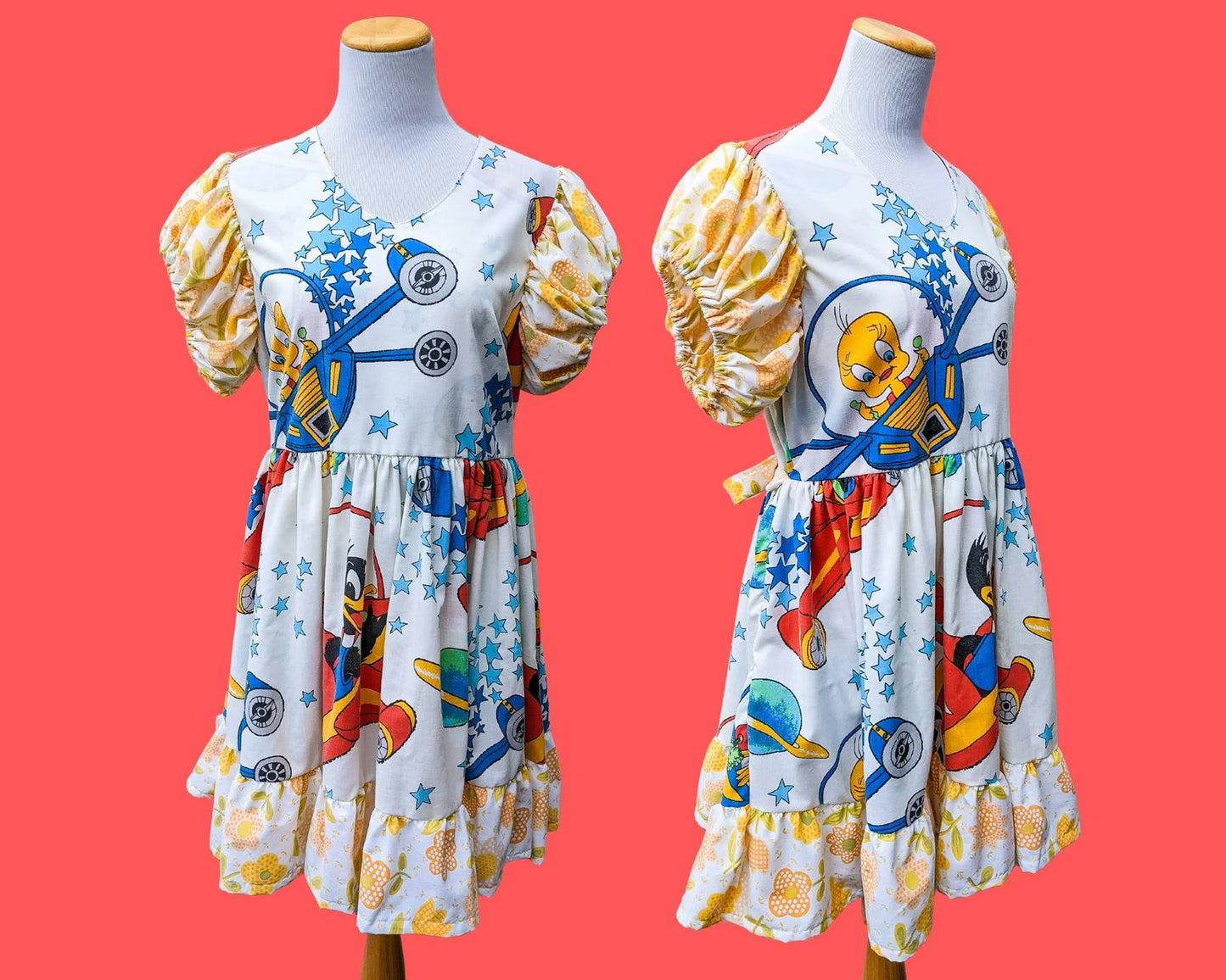 Handmade, Upcycled Vintage Looney Tunes Bedsheets Dress, Short Puffy Sleeves, Floral Pattern Size L-XL