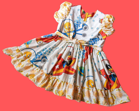 Handmade, Upcycled Vintage Looney Tunes Bedsheets Dress, Short Puffy Sleeves, Floral Pattern Size L-XL