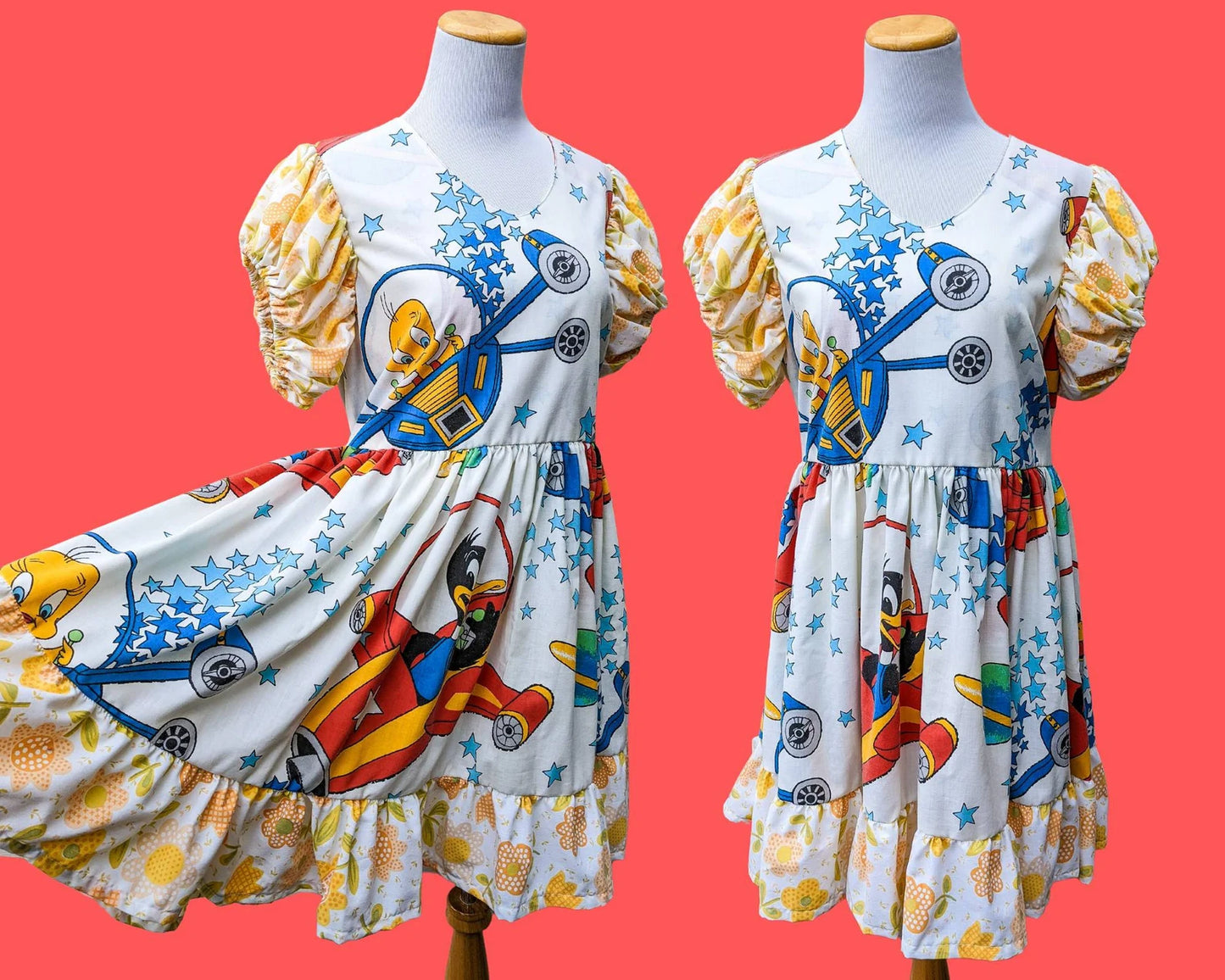 Handmade, Upcycled Vintage Looney Tunes Bedsheets Dress, Short Puffy Sleeves, Floral Pattern Size L-XL