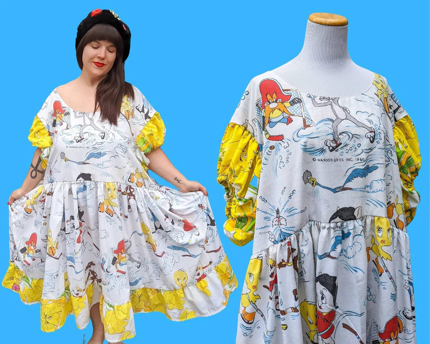 Handmade, Upcycled Vintage 1980 Looney Tunes Bedsheets Dress, Short Puffy Sleeves, Floral Fabric Size 2XL