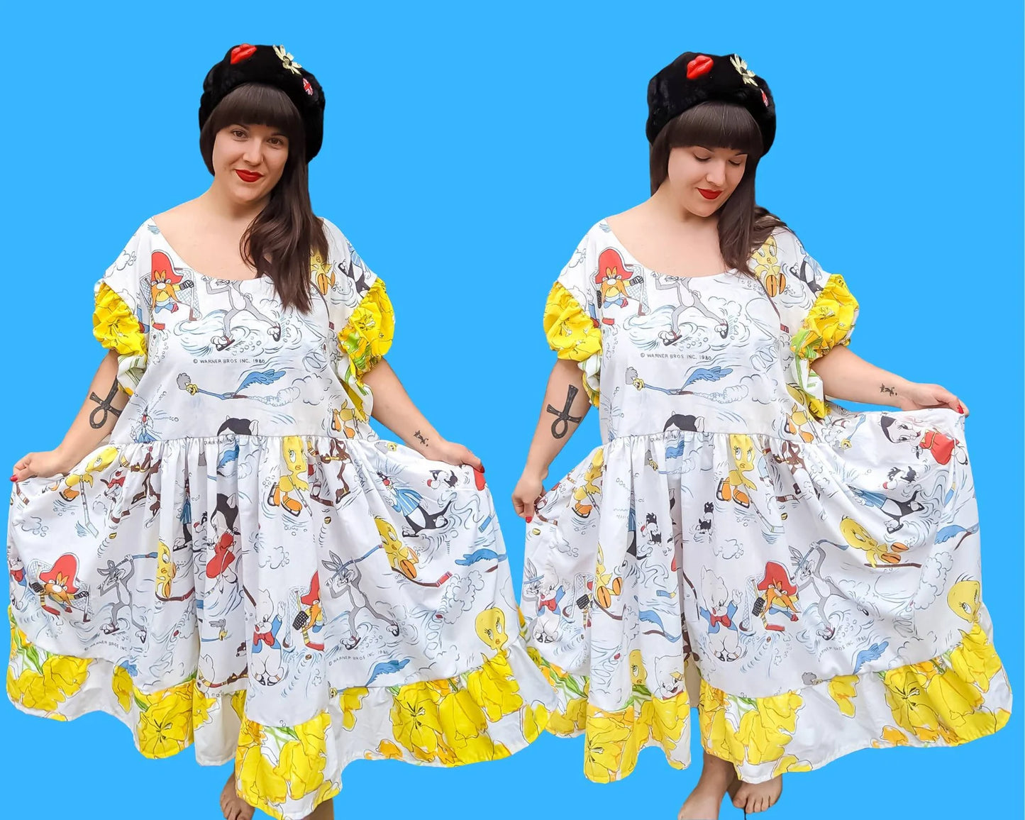Handmade, Upcycled Vintage 1980 Looney Tunes Bedsheets Dress, Short Puffy Sleeves, Floral Fabric Size 2XL