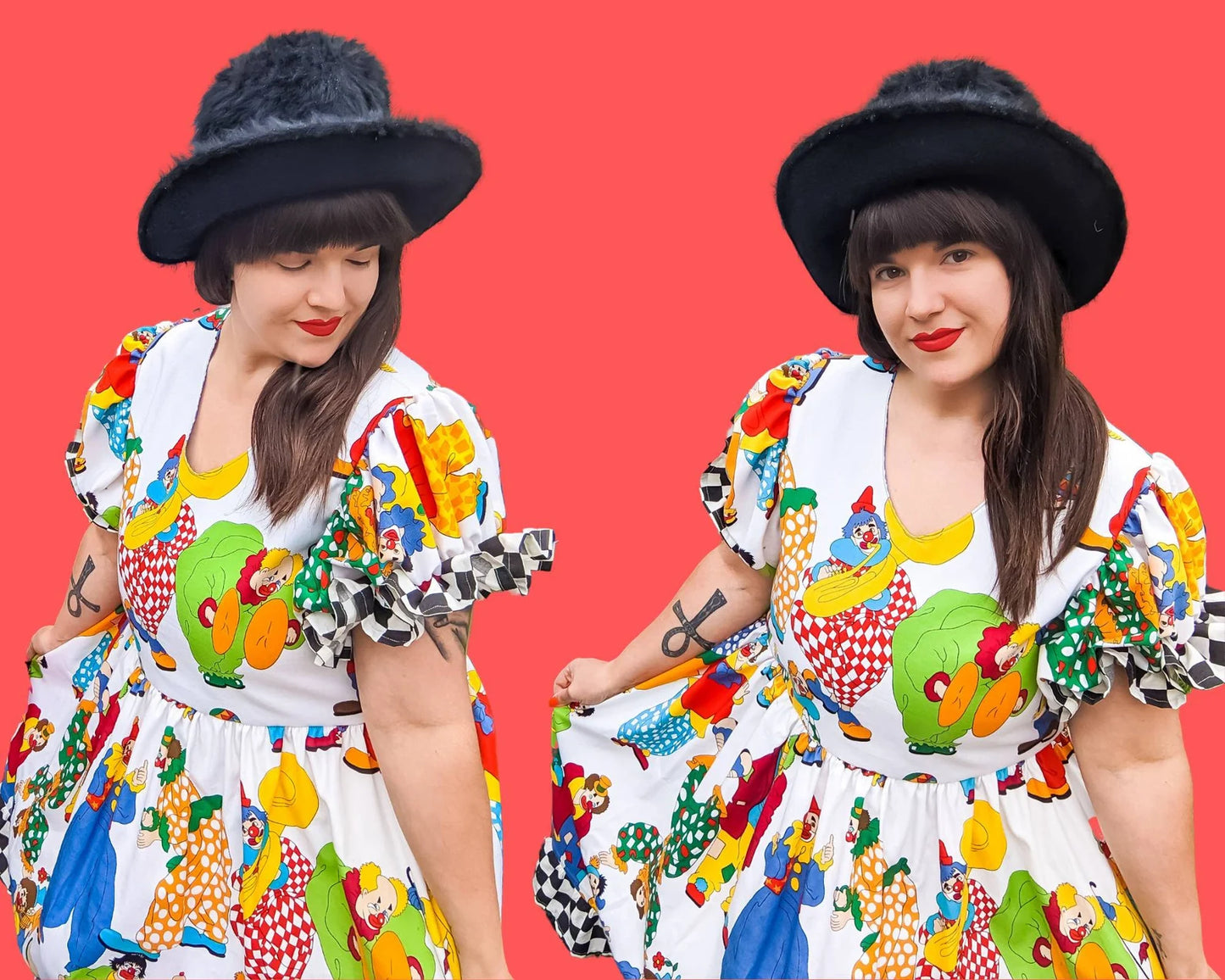 Handmade, Upcycled Clown Patterned Vintage Fabric Dress, Black and White Checkers Bottom Trim and Puffy Sleeves Size L-XL