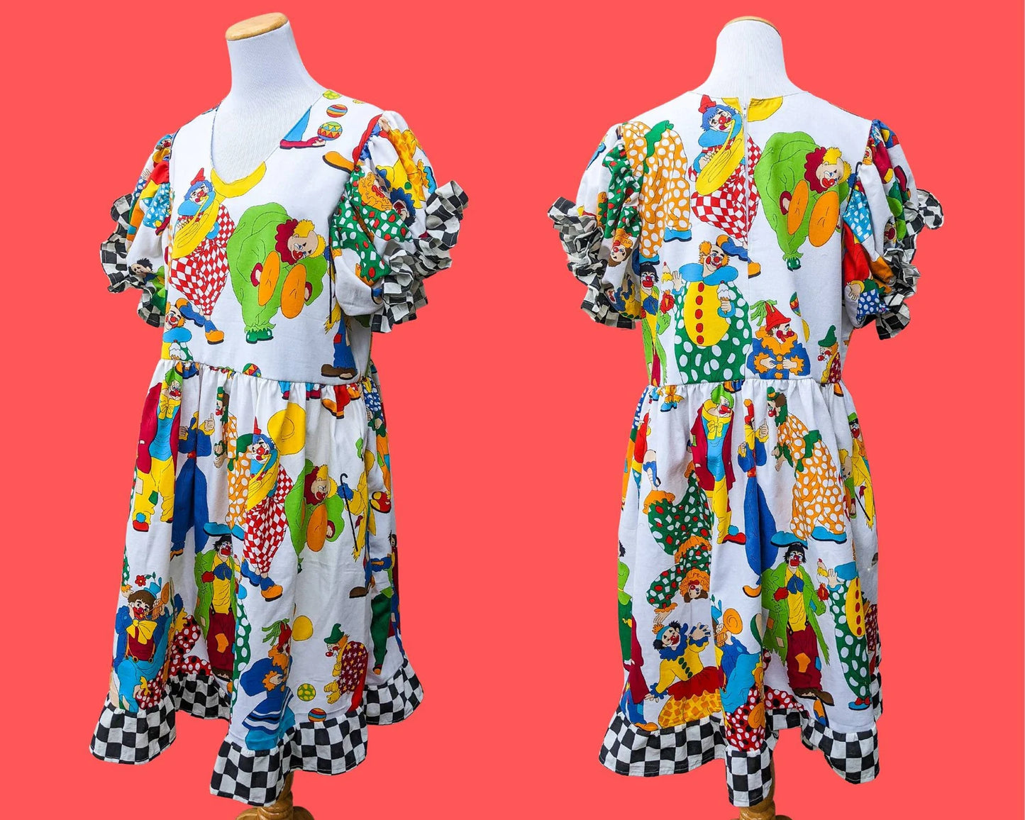 Handmade, Upcycled Clown Patterned Vintage Fabric Dress, Black and White Checkers Bottom Trim and Puffy Sleeves Size L-XL
