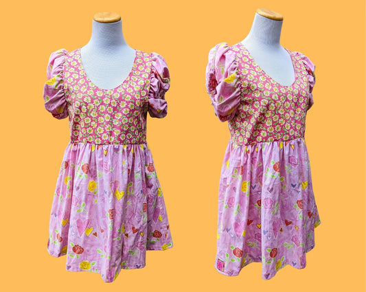 Handmade, Upcycled Vintage Daisies Patterned Fabric and Retro Pink Floral and Heart Shapes Fabric, Short Puffy Sleeves Dress Size S-M