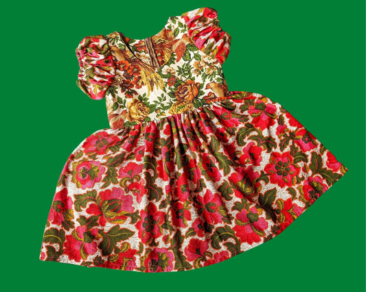 Handmade, Upcycled Vintage 1950's Fabric, Birds and Flowers for the Bodice, Short Puffy Sleeves Dress Size S-M