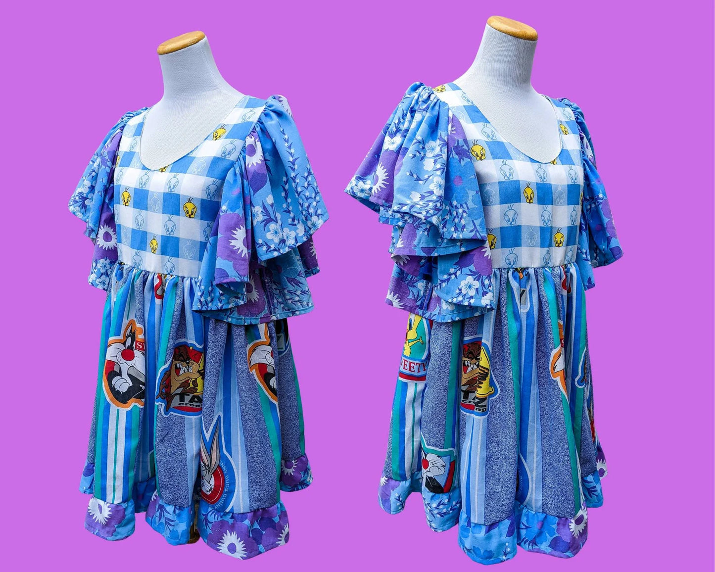 Handmade, Upcycled Vintage 1990's Looney Tunes and Tweety Bird Bedsheets Dress, Short Bell Sleeves, Floral Pattern Size S-M