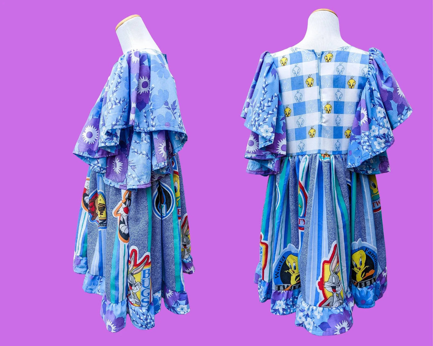 Handmade, Upcycled Vintage 1990's Looney Tunes and Tweety Bird Bedsheets Dress, Short Bell Sleeves, Floral Pattern Size S-M