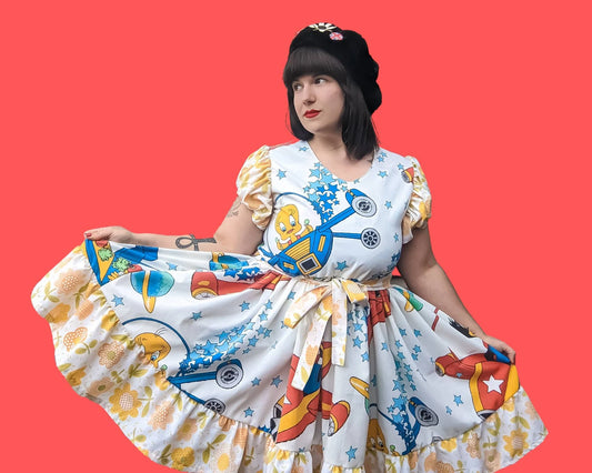 Handmade, Upcycled Vintage Looney Tunes Bedsheets Dress, Short Puffy Sleeves, Floral Pattern Size L-XL