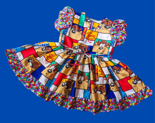 Handmade, Upcycled Vintage 1997 Looney Tunes, Taz, Bedsheets Dress, Short Puffy Sleeves, Silky Floral Fabric Size L-XL