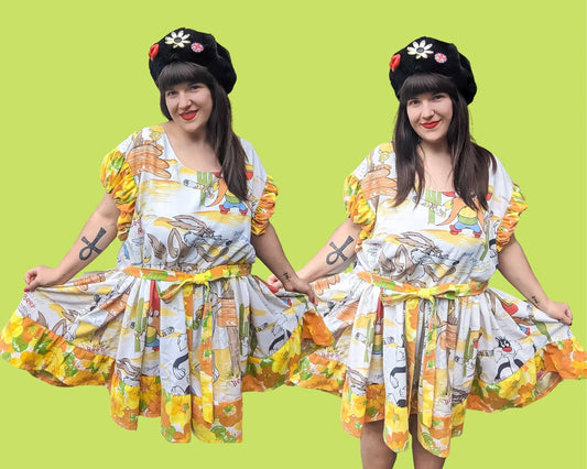 Handmade, Upcycled Vintage 1977 Looney Tunes Bedsheets Dress, Short Puffy Sleeves, Floral Fabric Size 2XL