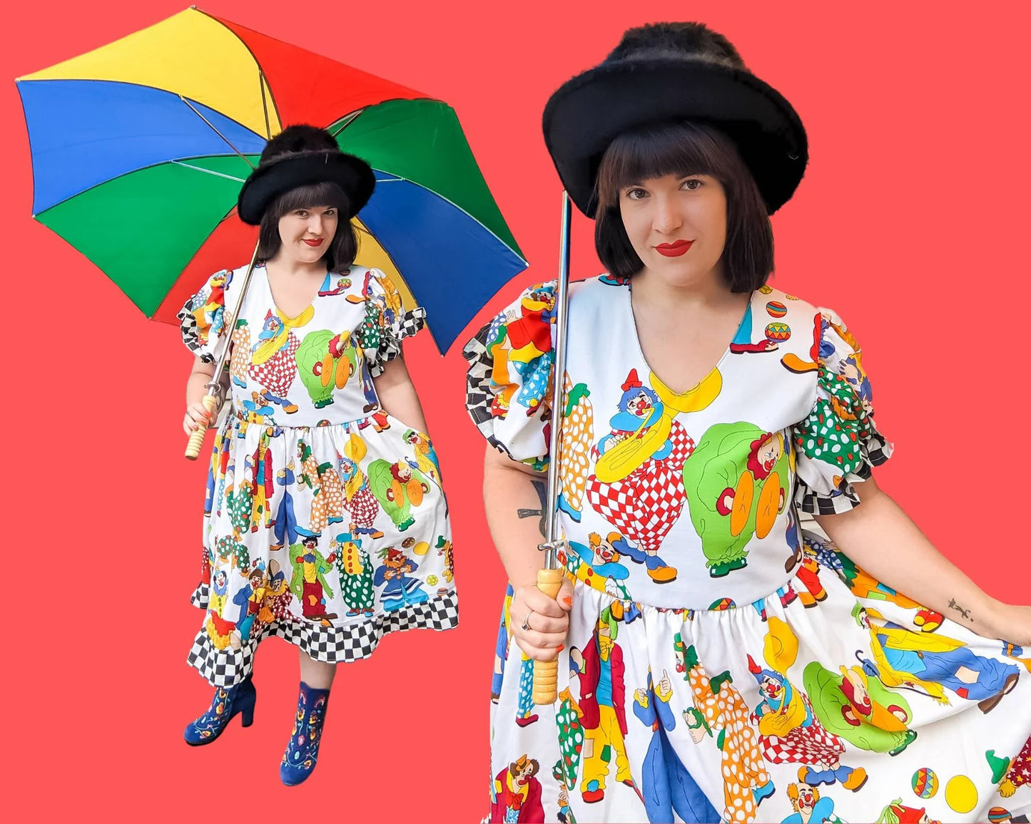 Handmade, Upcycled Clown Patterned Vintage Fabric Dress, Black and White Checkers Bottom Trim and Puffy Sleeves Size L-XL