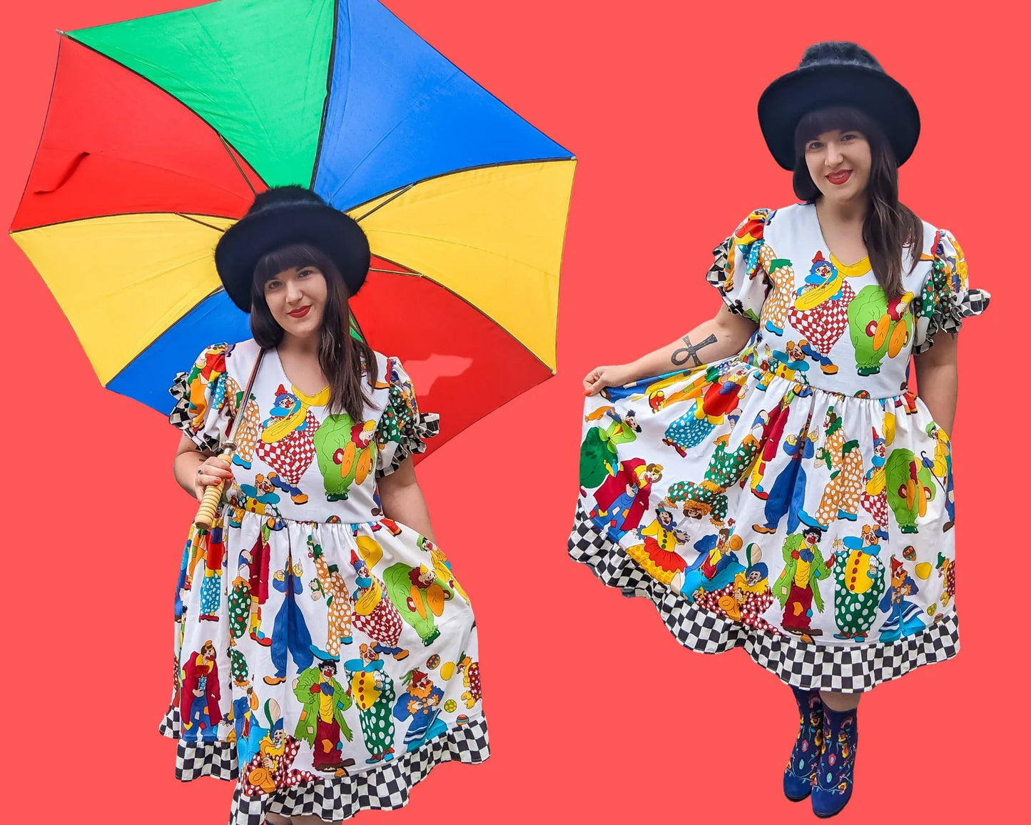 Handmade, Upcycled Clown Patterned Vintage Fabric Dress, Black and White Checkers Bottom Trim and Puffy Sleeves Size L-XL