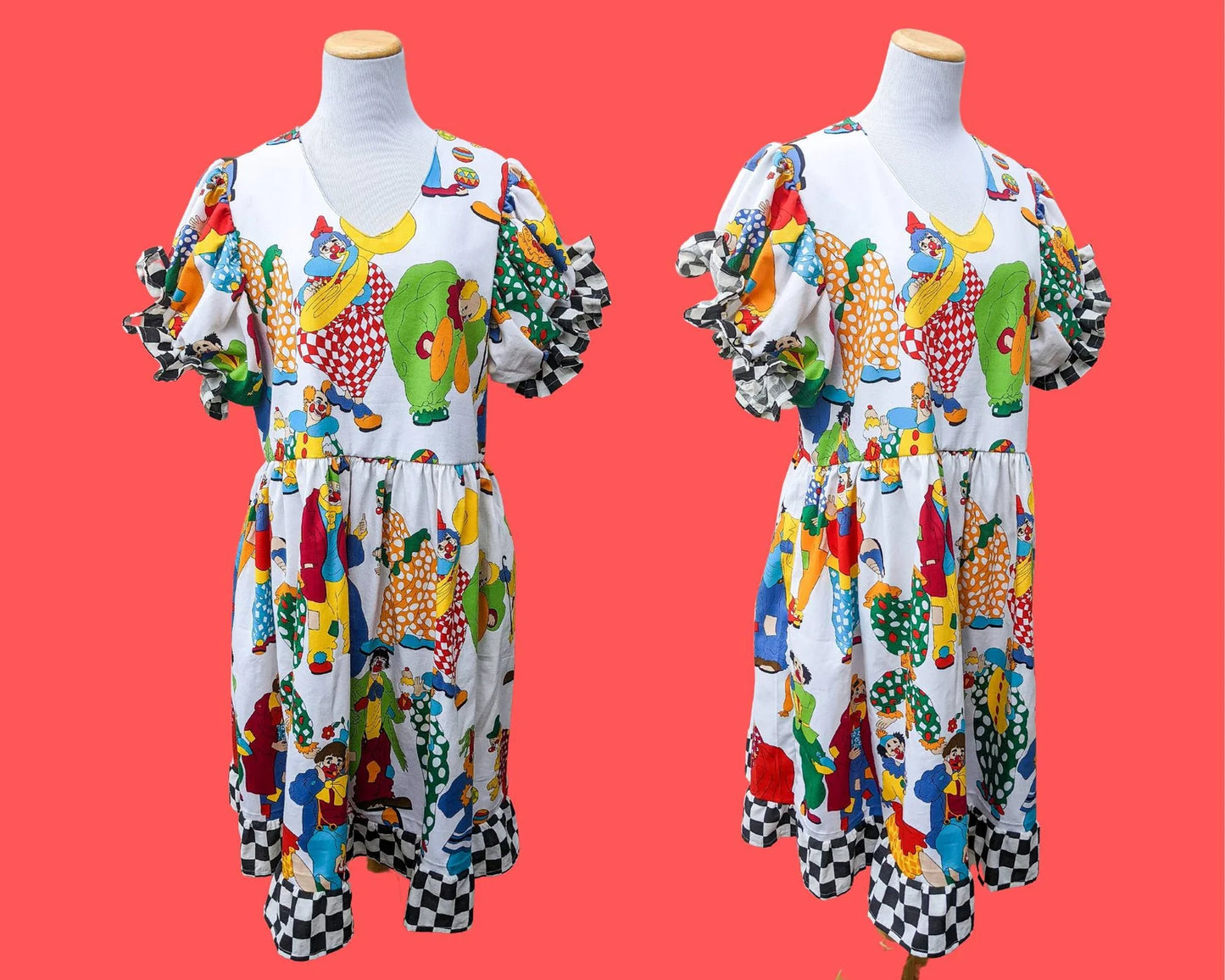 Handmade, Upcycled Clown Patterned Vintage Fabric Dress, Black and White Checkers Bottom Trim and Puffy Sleeves Size L-XL