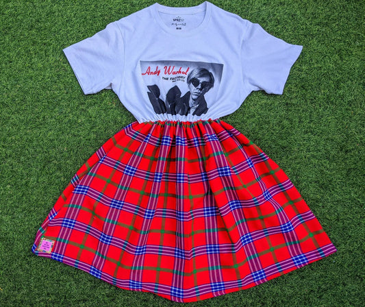 Handmade, Upcycled Andy Warhol and The Factory T-Shirt Dress, Vintage 1990's Red Plaid Skirt Size M-L