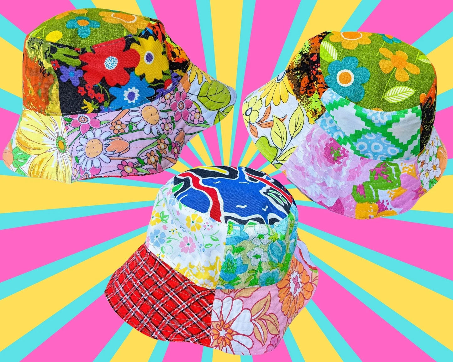 Chapeaux de seau fabriqués sur commande fabriqués à partir de tissus vintage et de chutes de draps pour adolescents/adultes